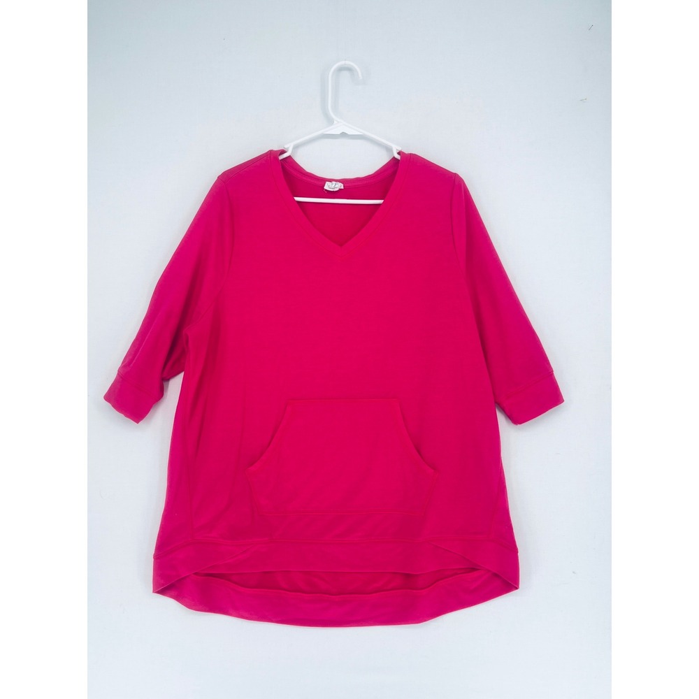 Danskin Now Pink Flame V-Neck Kangaroo Pocket Top 3/4 Sleeve Plus Size 1X 16